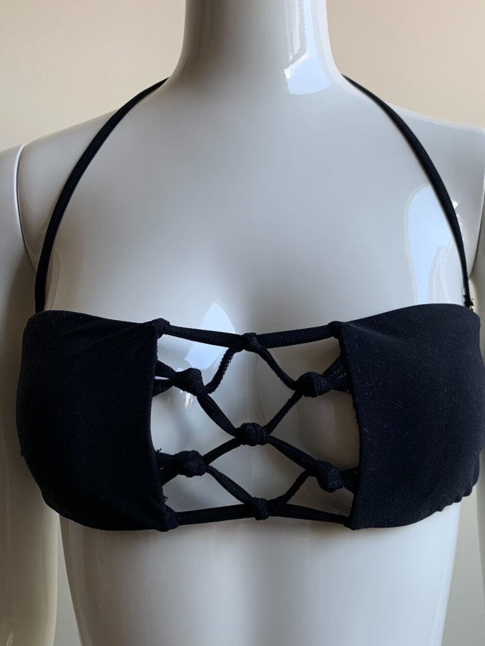 Sauvage black macrame strappy bandeau bikini top